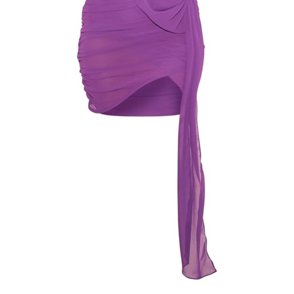Purple Sheer Chiffon Ruched Detail Asymmetric Drape Bodycon Dress - Picture 4 of 7